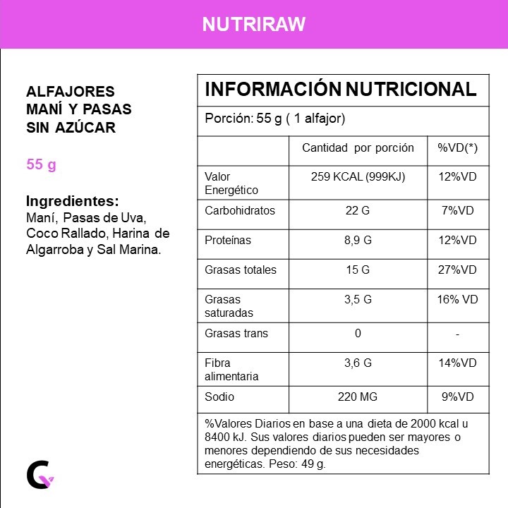 Caja x 8 alfajor "sin azúcar" (maní y pasas de uva)